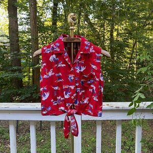 Vintage 90s Liz Claiborne Red Hawaiian Tie Waist Crop Blouse